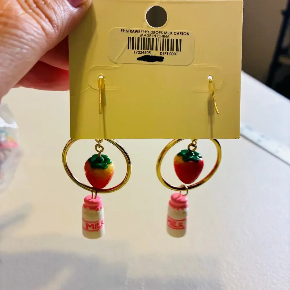 Kawaii Strawberry Milk Bottle Lolita Earrings Cute Pastel Harajuku Cottagecore